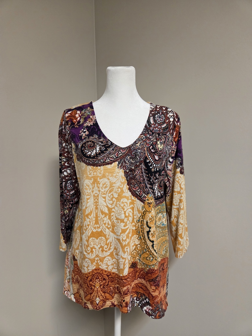 Chico's Mixed Paisley & Damask V-Neck Tunic in Mustard, Purple & Rust